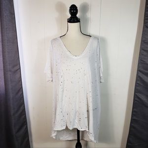 FREE PEOPLE White Destroyed Holey Oversized Linen Blend Tee Size Large
